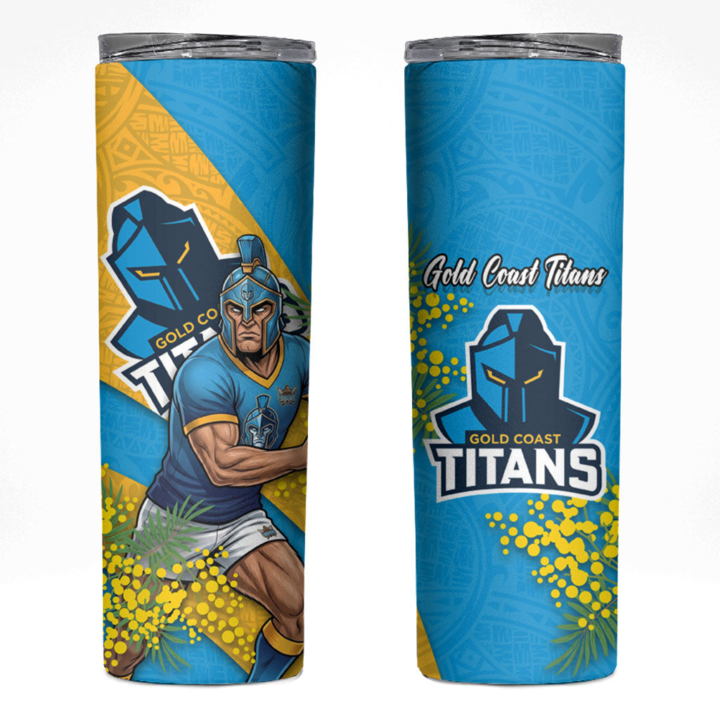Gold Coast Titans Skinny Tumbler Golden Wattle Floral Polynesian - Australian Flower - Rugby Mascot