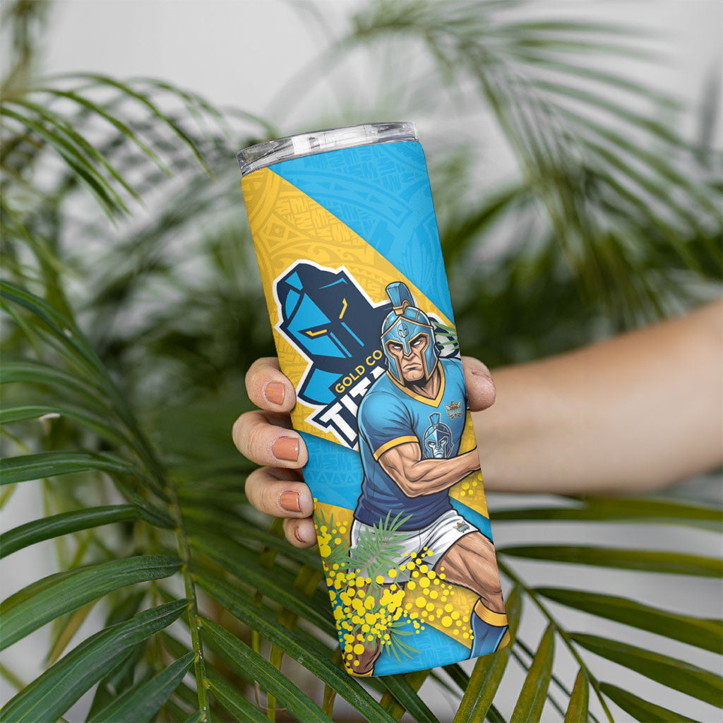 Gold Coast Titans Skinny Tumbler Golden Wattle Floral Polynesian - Australian Flower - Rugby Mascot