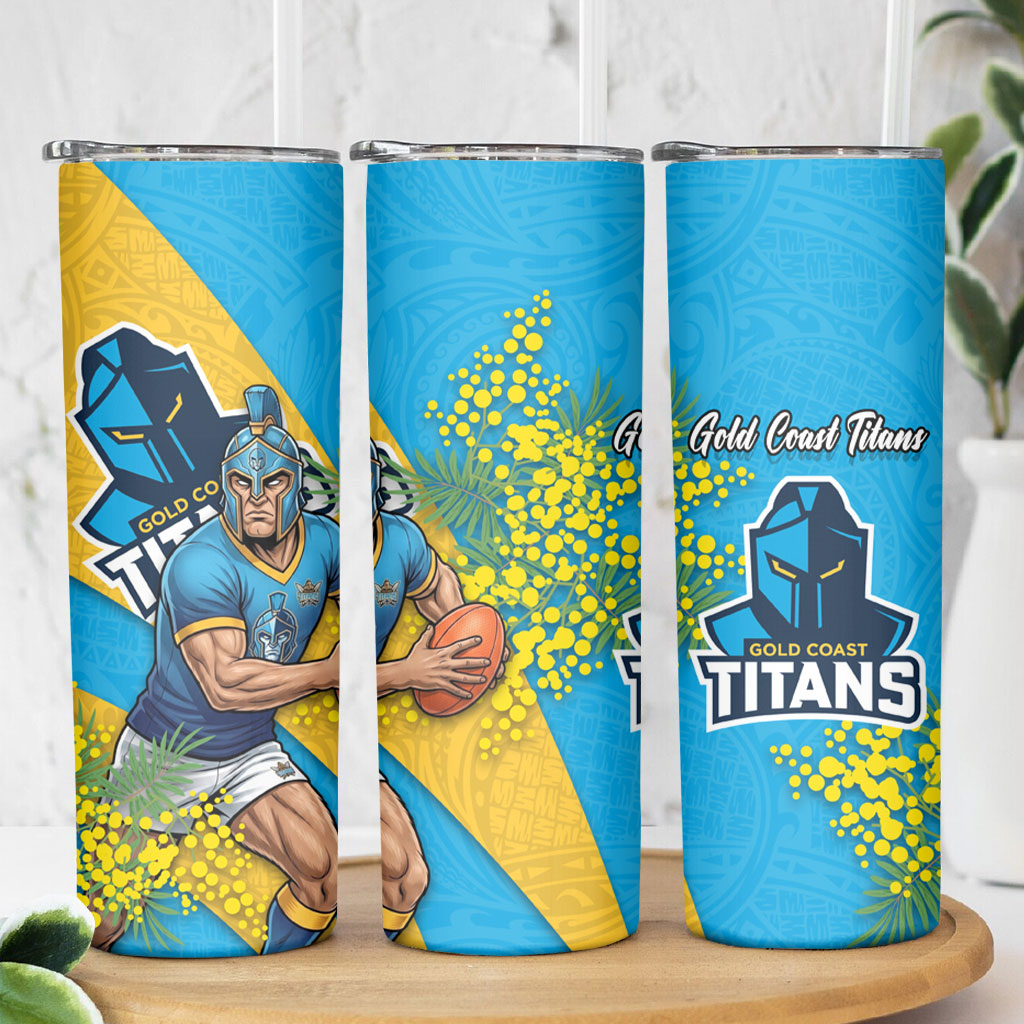 Gold Coast Titans Skinny Tumbler Golden Wattle Floral Polynesian - Australian Flower - Rugby Mascot
