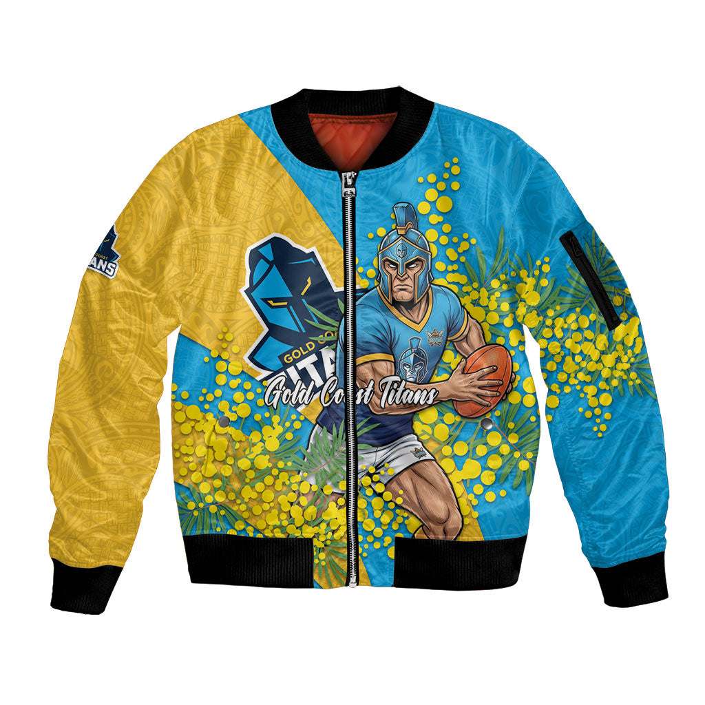Gold Coast Titans Sleeve Zip Bomber Jacket Golden Wattle Floral Polynesian - Australian Flower - Rugby Mascot