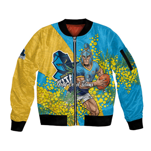 Gold Coast Titans Sleeve Zip Bomber Jacket Golden Wattle Floral Polynesian - Australian Flower - Rugby Mascot