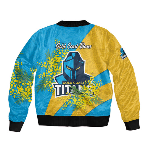 Gold Coast Titans Sleeve Zip Bomber Jacket Golden Wattle Floral Polynesian - Australian Flower - Rugby Mascot