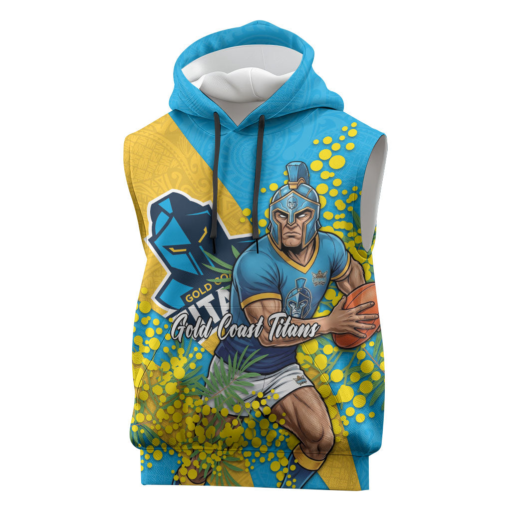 Gold Coast Titans Sleeveless Hoodie Golden Wattle Floral Polynesian - Australian Flower - Rugby Mascot