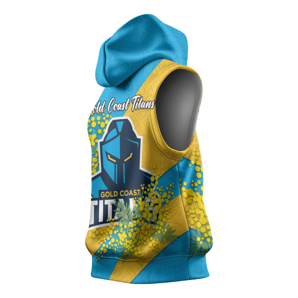 Gold Coast Titans Sleeveless Hoodie Golden Wattle Floral Polynesian - Australian Flower - Rugby Mascot