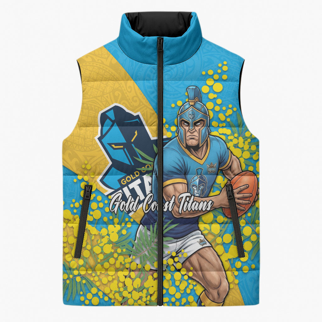 Gold Coast Titans Sleeveless Puffer Jacket Golden Wattle Floral Polynesian - Australian Flower - Rugby Mascot