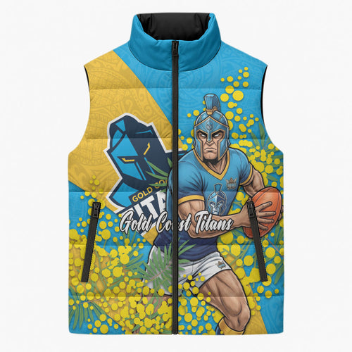 Gold Coast Titans Sleeveless Puffer Jacket Golden Wattle Floral Polynesian - Australian Flower - Rugby Mascot