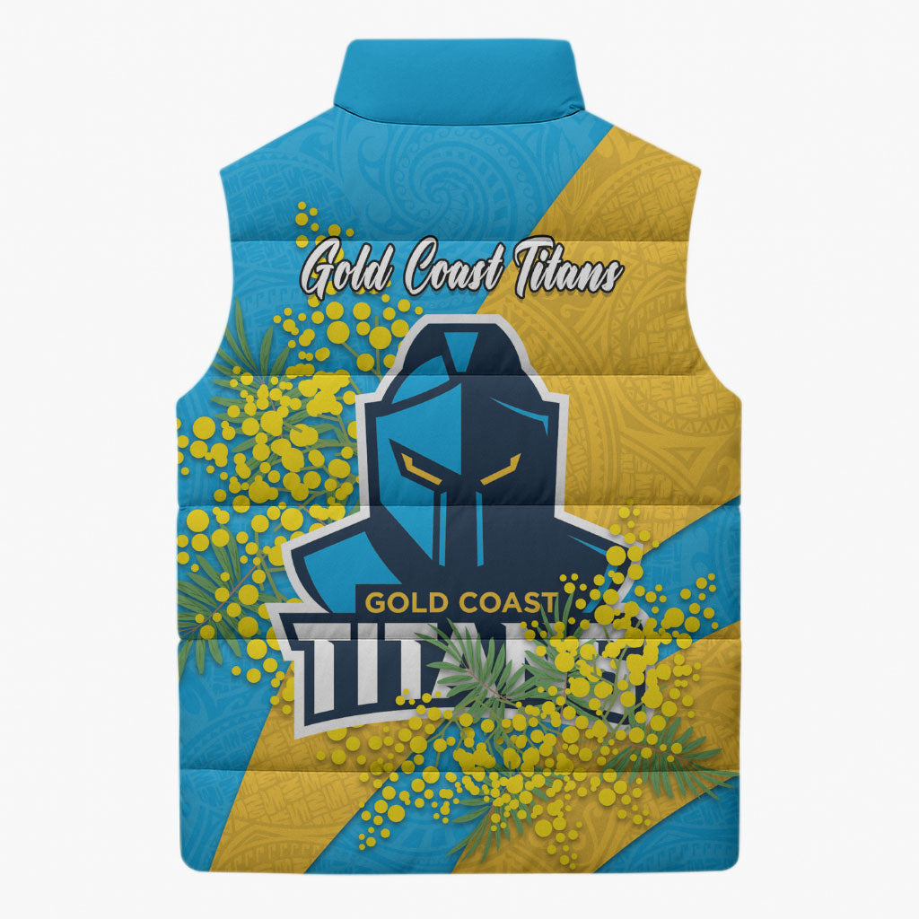 Gold Coast Titans Sleeveless Puffer Jacket Golden Wattle Floral Polynesian - Australian Flower - Rugby Mascot