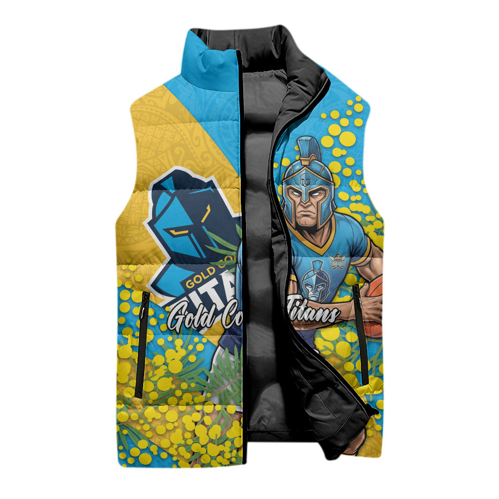 Gold Coast Titans Sleeveless Puffer Jacket Golden Wattle Floral Polynesian - Australian Flower - Rugby Mascot
