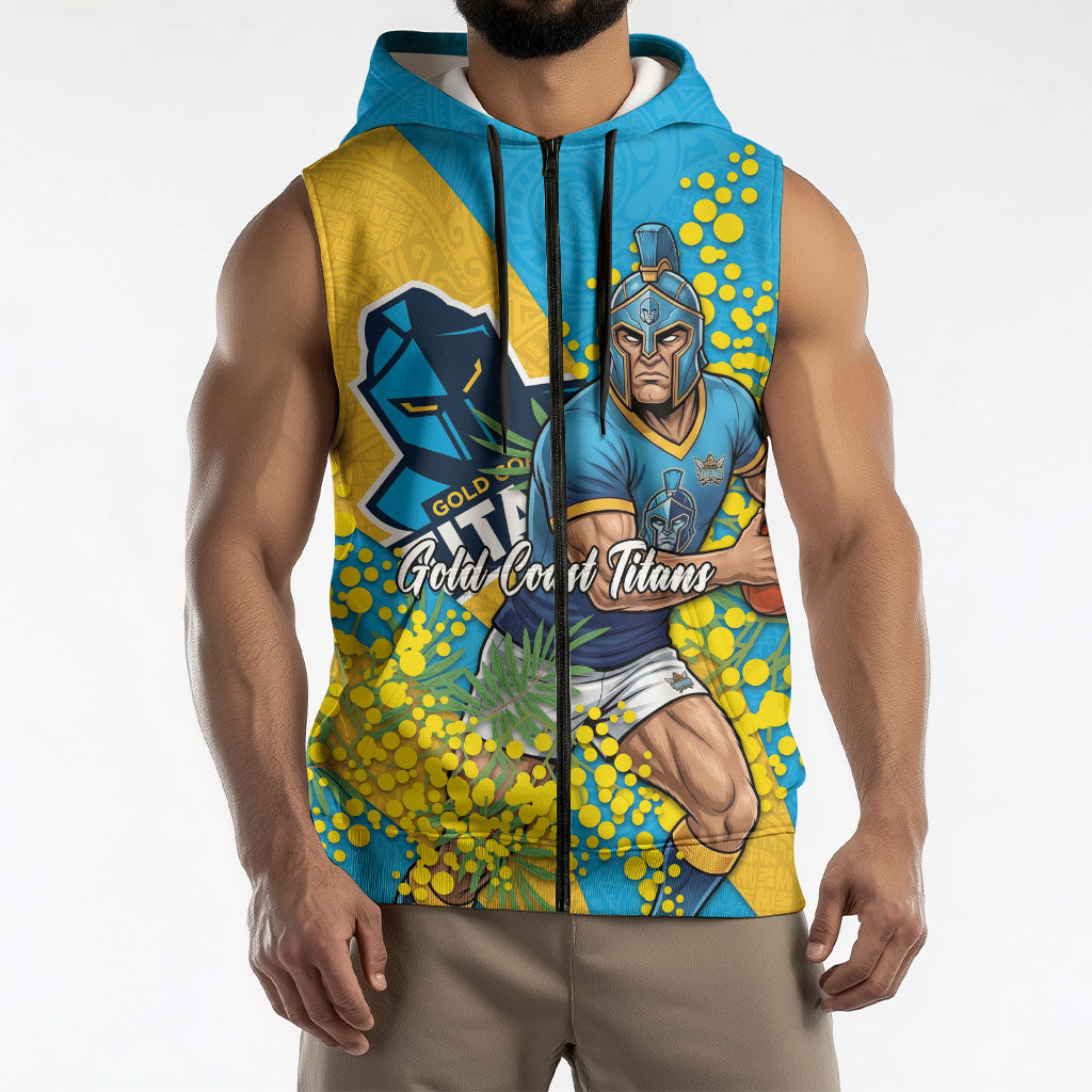 Gold Coast Titans Sleeveless Zip Hoodie Golden Wattle Floral Polynesian - Australian Flower - Rugby Mascot