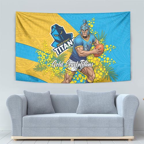 Gold Coast Titans Tapestry Golden Wattle Floral Polynesian - Australian Flower - Rugby Mascot