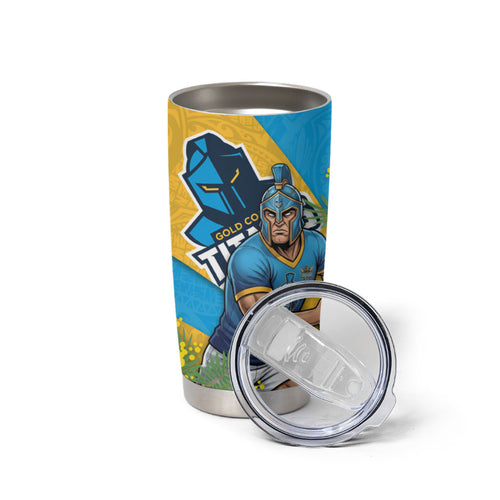 Gold Coast Titans Tumbler Cup Golden Wattle Floral Polynesian - Australian Flower - Rugby Mascot