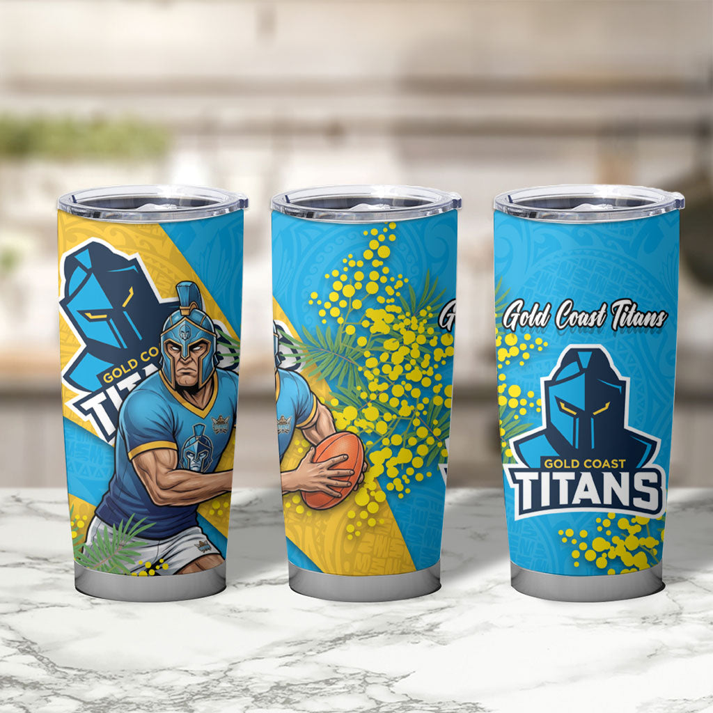 Gold Coast Titans Tumbler Cup Golden Wattle Floral Polynesian - Australian Flower - Rugby Mascot