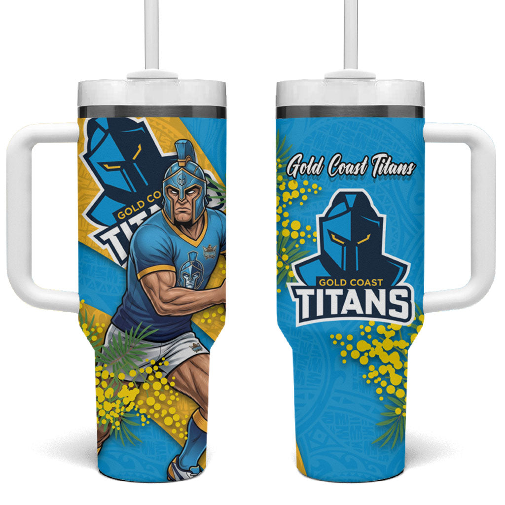 Gold Coast Titans Tumbler With Handle Golden Wattle Floral Polynesian - Australian Flower - Rugby Mascot