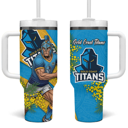 Gold Coast Titans Tumbler With Handle Golden Wattle Floral Polynesian - Australian Flower - Rugby Mascot