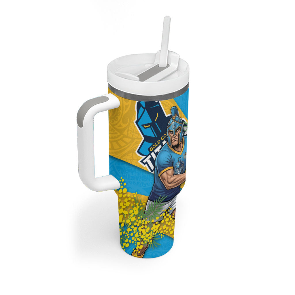 Gold Coast Titans Tumbler With Handle Golden Wattle Floral Polynesian - Australian Flower - Rugby Mascot