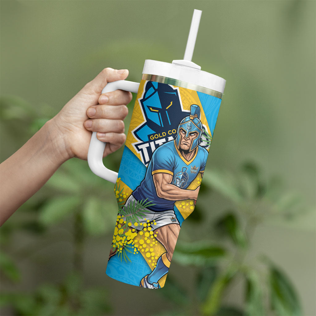 Gold Coast Titans Tumbler With Handle Golden Wattle Floral Polynesian - Australian Flower - Rugby Mascot