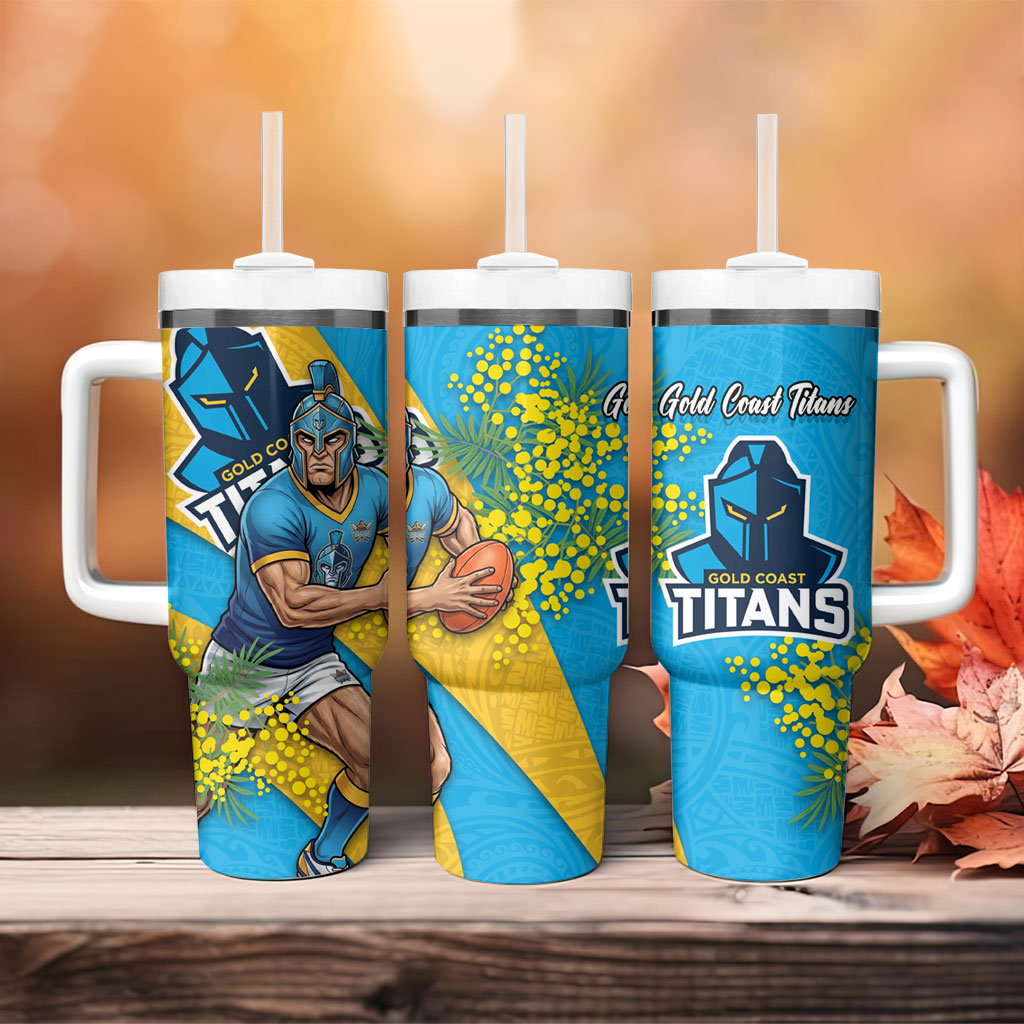 Gold Coast Titans Tumbler With Handle Golden Wattle Floral Polynesian - Australian Flower - Rugby Mascot