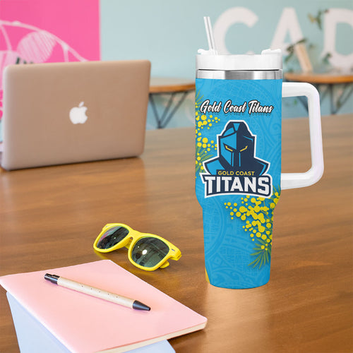 Gold Coast Titans Tumbler With Handle Golden Wattle Floral Polynesian - Australian Flower - Rugby Mascot