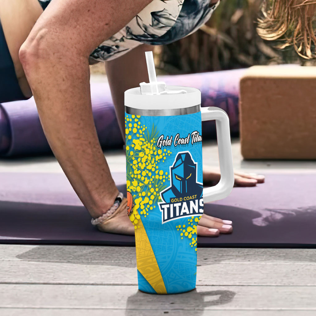 Gold Coast Titans Tumbler With Handle Golden Wattle Floral Polynesian - Australian Flower - Rugby Mascot