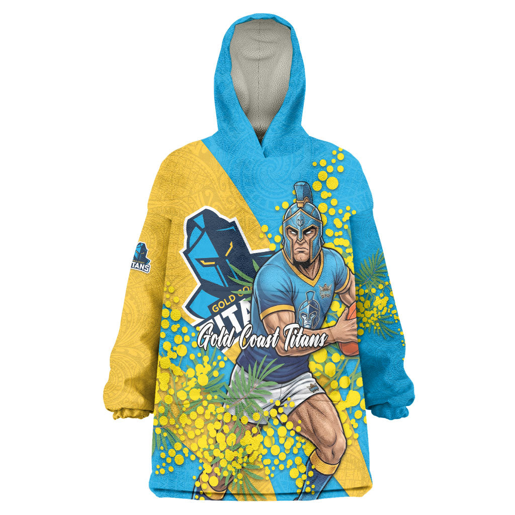 Gold Coast Titans Wearable Blanket Hoodie Golden Wattle Floral Polynesian - Australian Flower - Rugby Mascot
