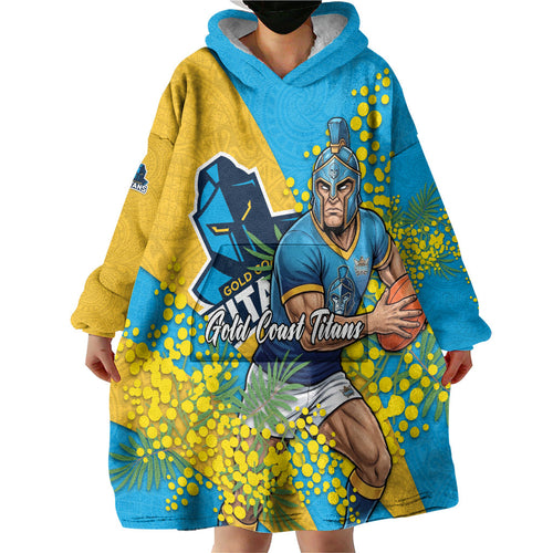 Gold Coast Titans Wearable Blanket Hoodie Golden Wattle Floral Polynesian - Australian Flower - Rugby Mascot