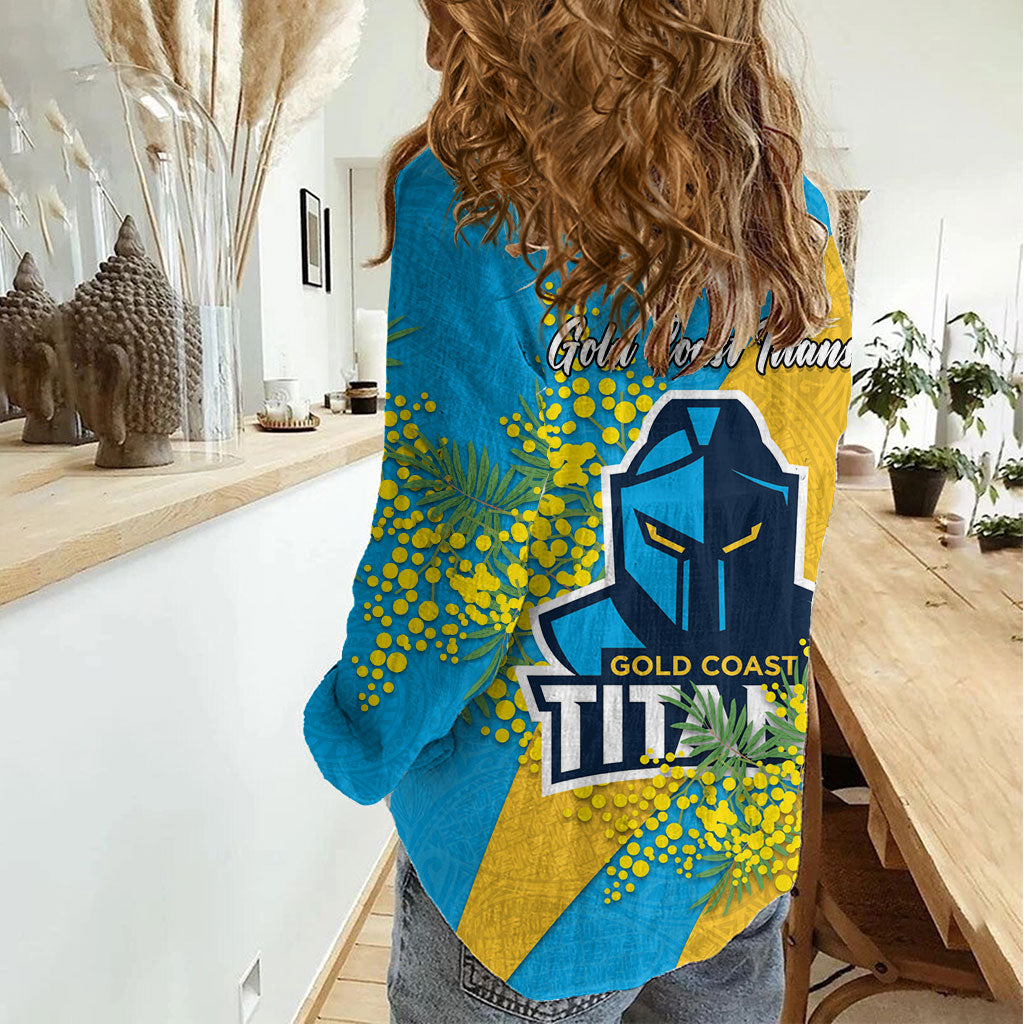Gold Coast Titans Women Casual Shirt Golden Wattle Floral Polynesian - Australian Flower - Rugby Mascot