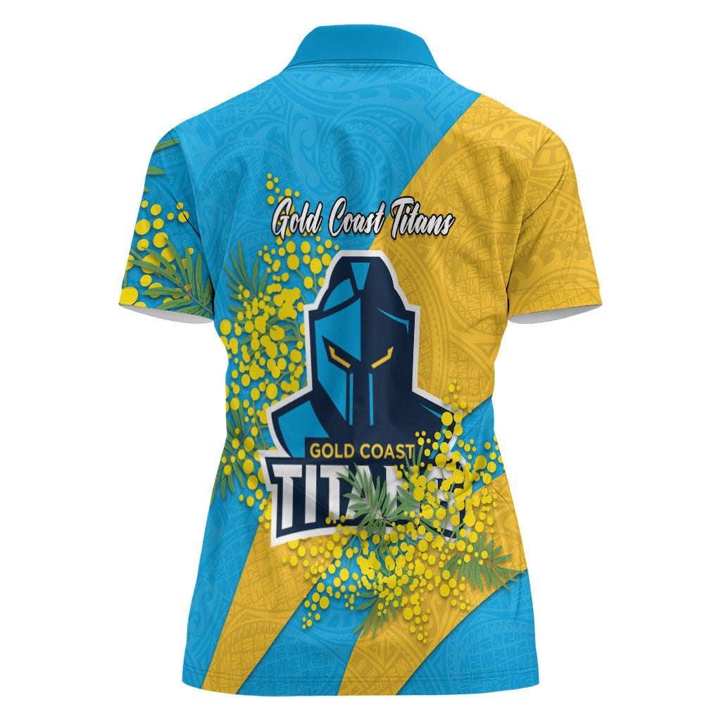 Gold Coast Titans Women Polo Shirt Golden Wattle Floral Polynesian - Australian Flower - Rugby Mascot