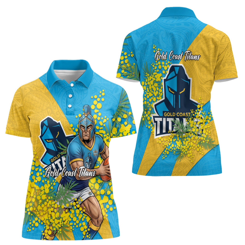 Gold Coast Titans Women Polo Shirt Golden Wattle Floral Polynesian - Australian Flower - Rugby Mascot