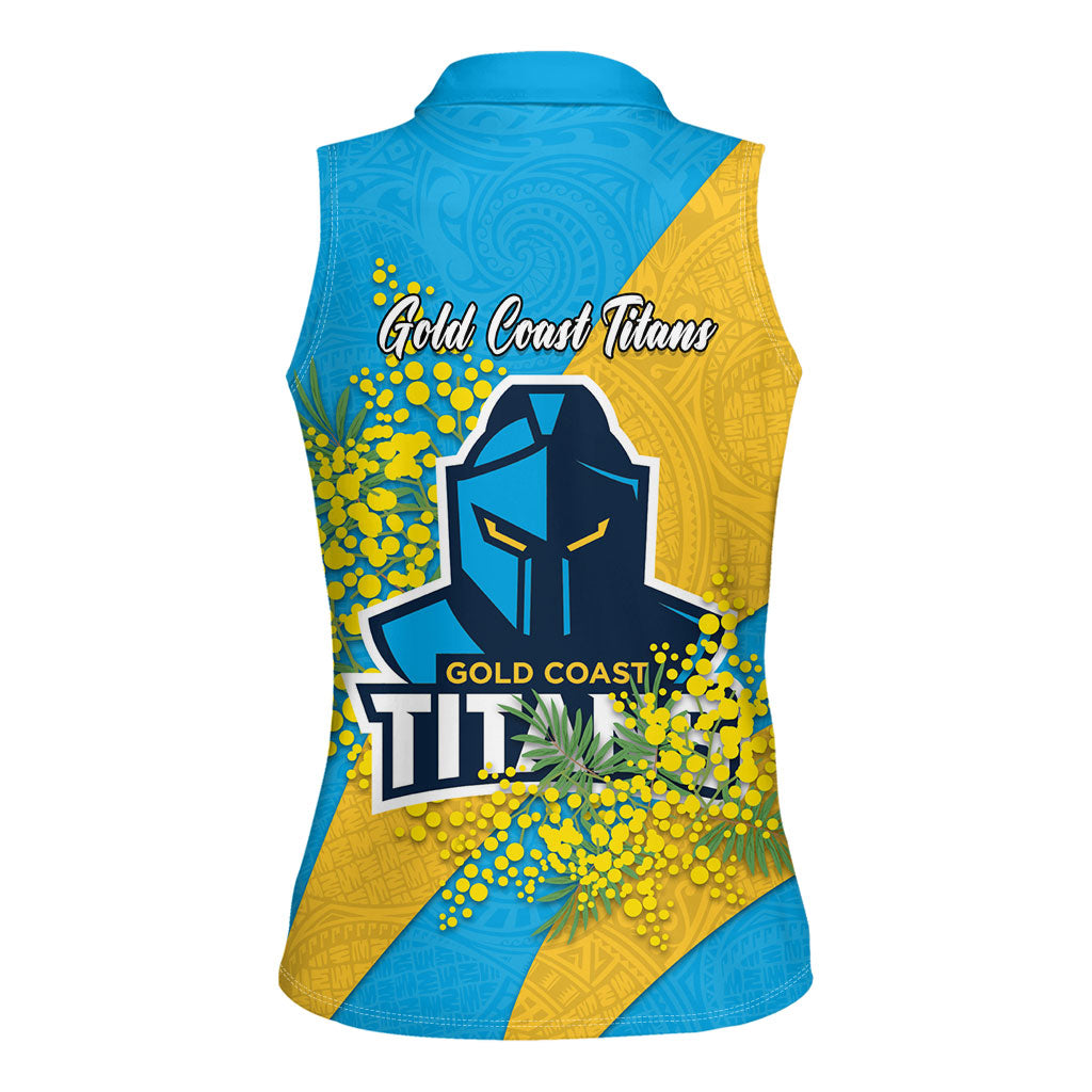 Gold Coast Titans Women Sleeveless Polo Shirt Golden Wattle Floral Polynesian - Australian Flower - Rugby Mascot