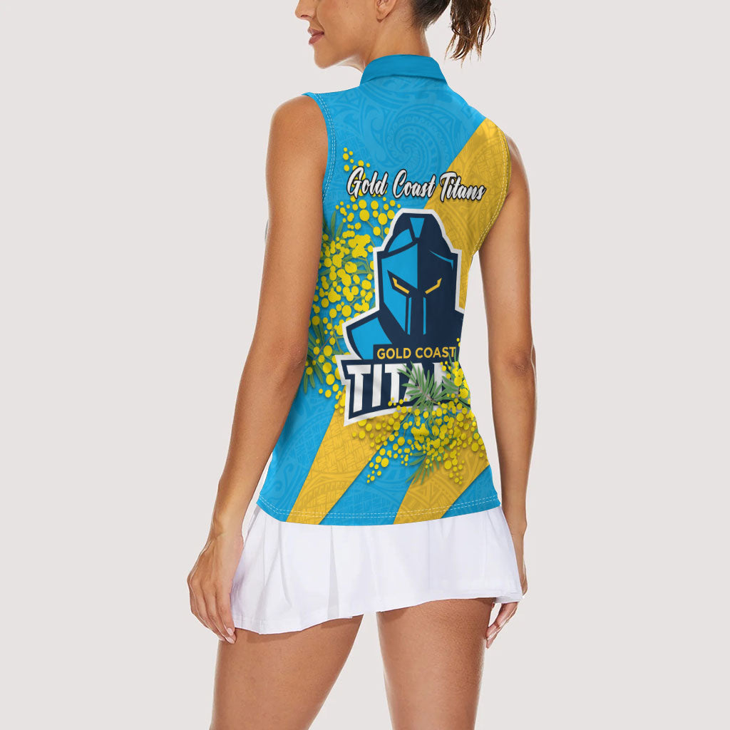 Gold Coast Titans Women Sleeveless Polo Shirt Golden Wattle Floral Polynesian - Australian Flower - Rugby Mascot