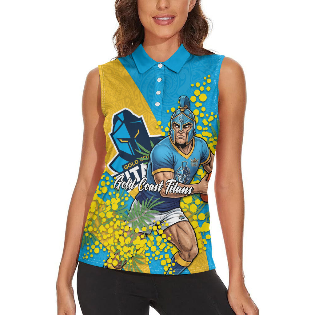 Gold Coast Titans Women Sleeveless Polo Shirt Golden Wattle Floral Polynesian - Australian Flower - Rugby Mascot