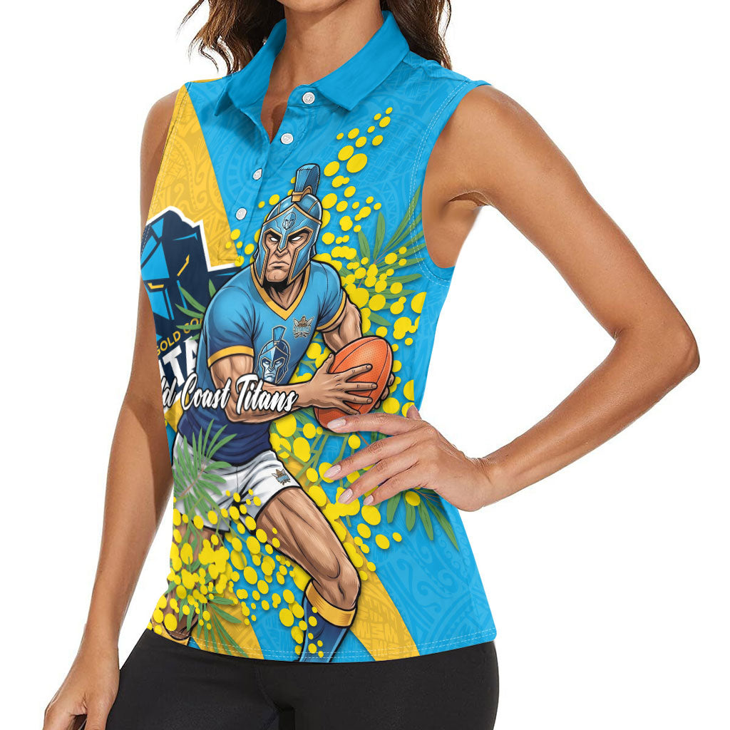 Gold Coast Titans Women Sleeveless Polo Shirt Golden Wattle Floral Polynesian - Australian Flower - Rugby Mascot
