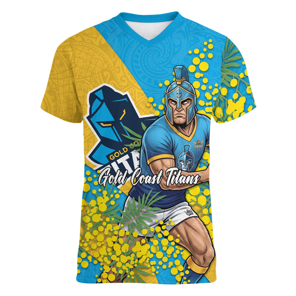 Gold Coast Titans Women V-Neck T-Shirt Golden Wattle Floral Polynesian - Australian Flower - Rugby Mascot