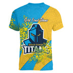 Gold Coast Titans Women V-Neck T-Shirt Golden Wattle Floral Polynesian - Australian Flower - Rugby Mascot