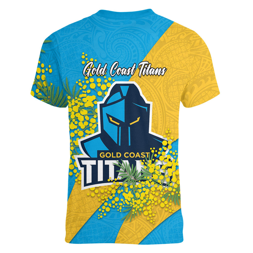 Gold Coast Titans Women V-Neck T-Shirt Golden Wattle Floral Polynesian - Australian Flower - Rugby Mascot