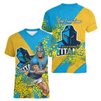 Gold Coast Titans Women V-Neck T-Shirt Golden Wattle Floral Polynesian - Australian Flower - Rugby Mascot