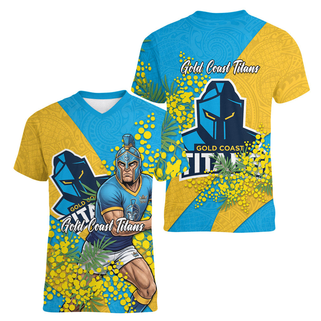 Gold Coast Titans Women V-Neck T-Shirt Golden Wattle Floral Polynesian - Australian Flower - Rugby Mascot