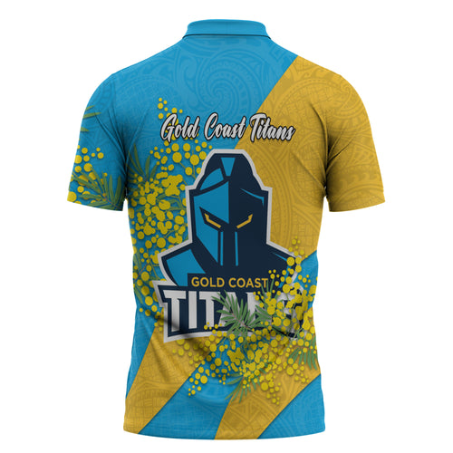Gold Coast Titans Zipper Polo Shirt Golden Wattle Floral Polynesian - Australian Flower - Rugby Mascot