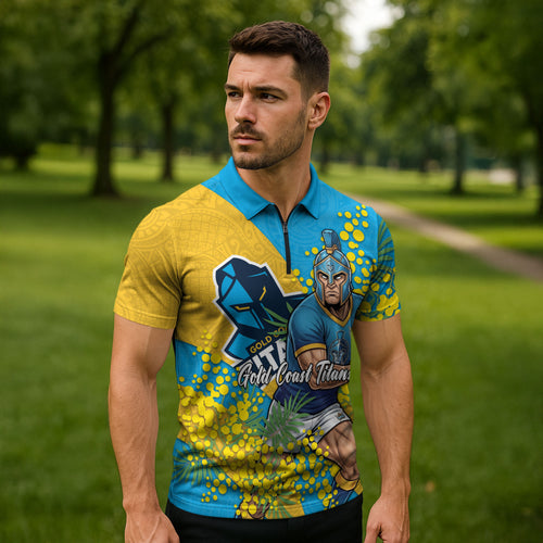 Gold Coast Titans Zipper Polo Shirt Golden Wattle Floral Polynesian - Australian Flower - Rugby Mascot