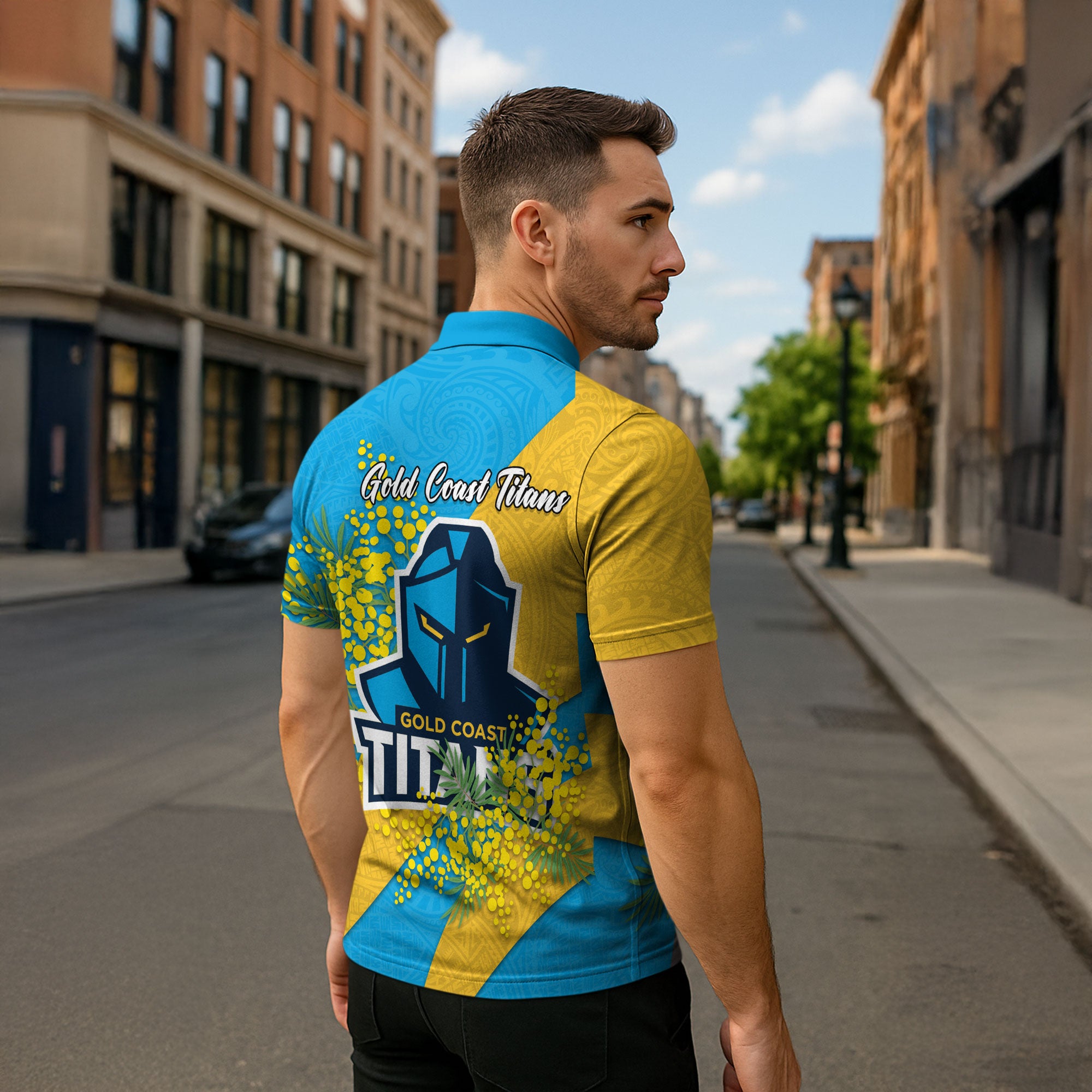 Gold Coast Titans Zipper Polo Shirt Golden Wattle Floral Polynesian - Australian Flower - Rugby Mascot
