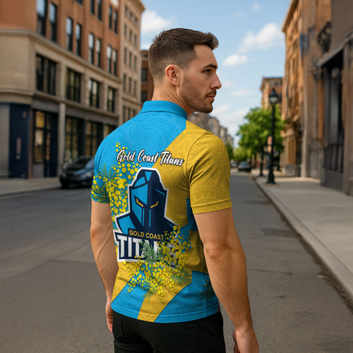 Gold Coast Titans Zipper Polo Shirt Golden Wattle Floral Polynesian - Australian Flower - Rugby Mascot
