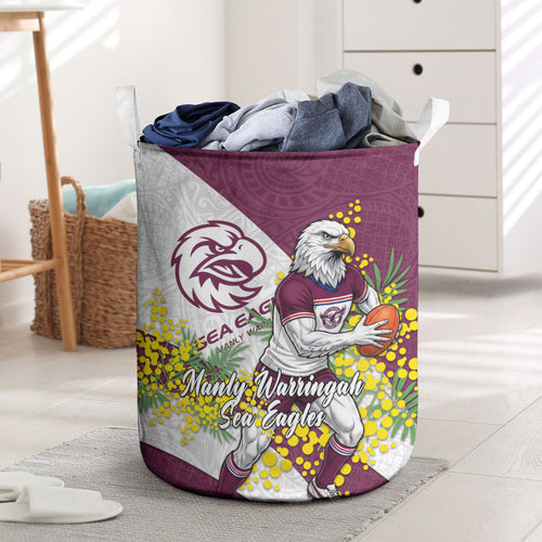 Manly Warringah Sea Eagles Laundry Basket Golden Wattle Floral Polynesian - Australian Flower - Rugby Mascot