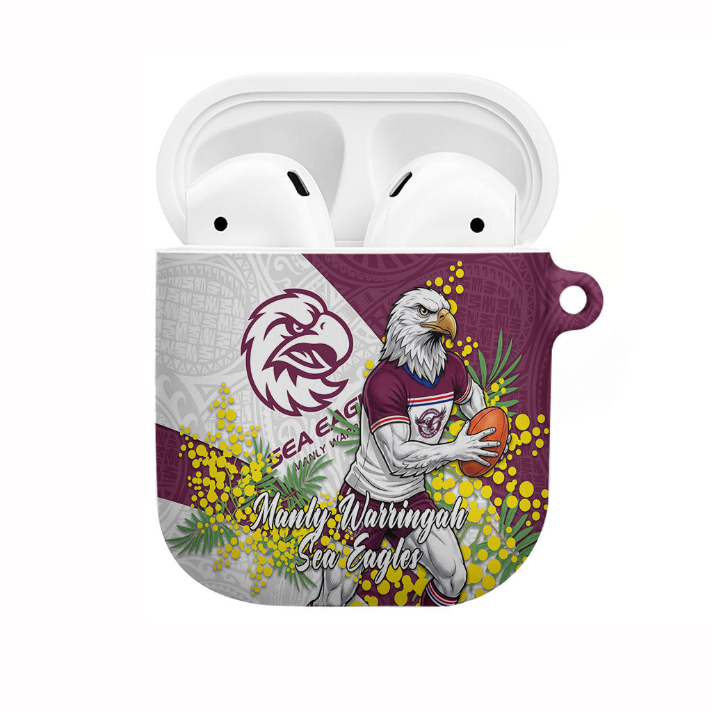 Manly Warringah Sea Eagles AirPods Case Golden Wattle Floral Polynesian - Australian Flower - Rugby Mascot