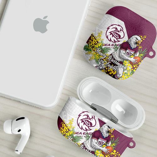 Manly Warringah Sea Eagles AirPods Case Golden Wattle Floral Polynesian - Australian Flower - Rugby Mascot