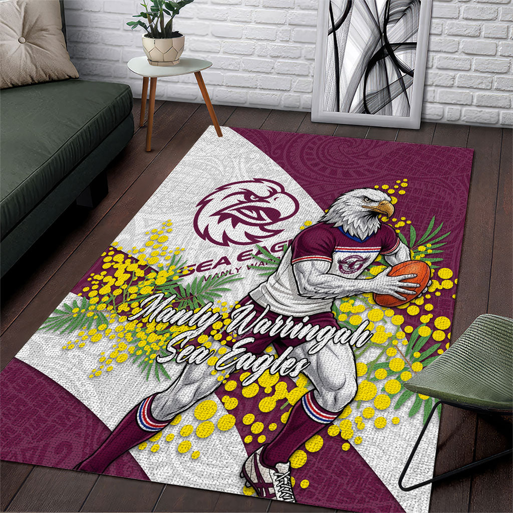 Manly Warringah Sea Eagles Area Rug Golden Wattle Floral Polynesian - Australian Flower - Rugby Mascot