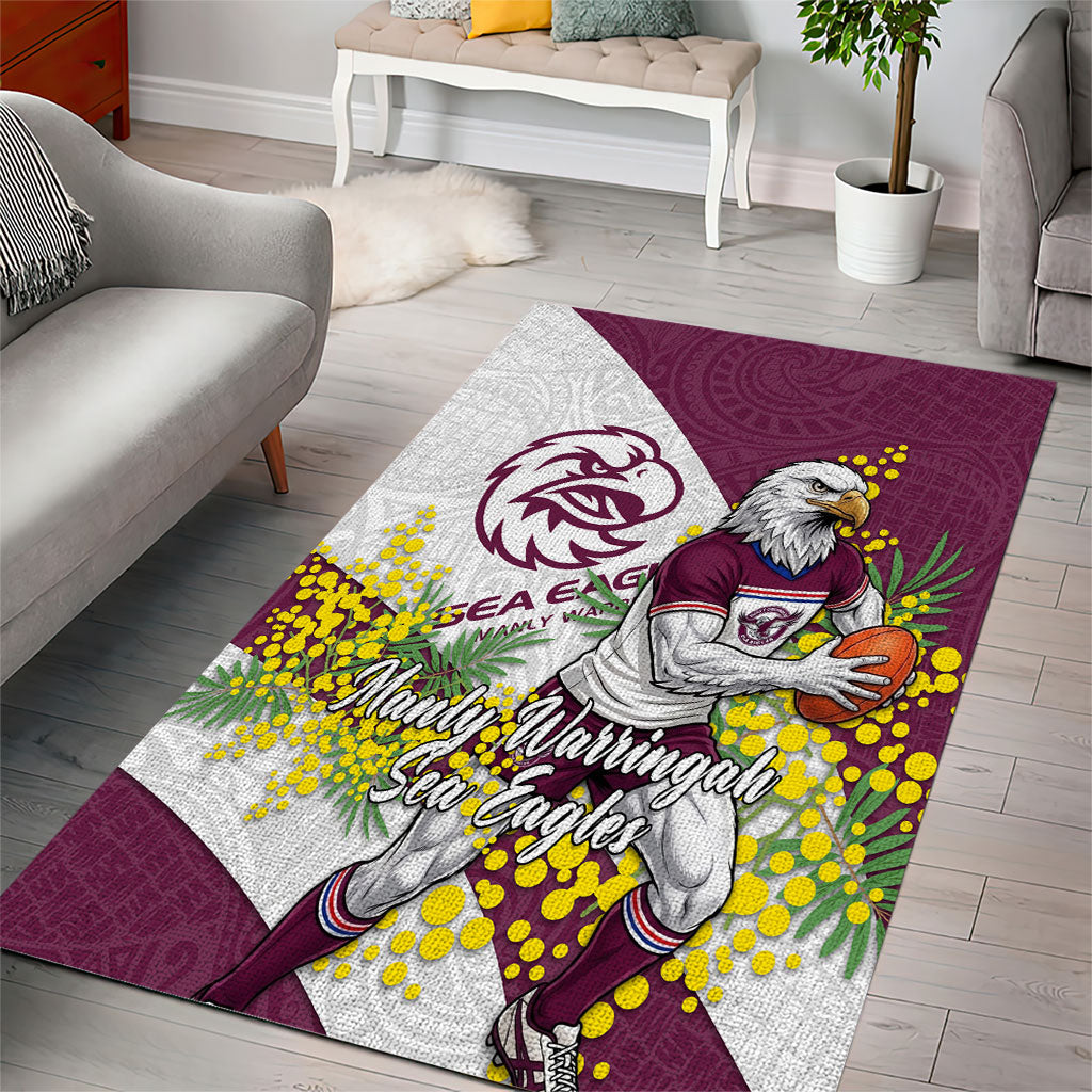 Manly Warringah Sea Eagles Area Rug Golden Wattle Floral Polynesian - Australian Flower - Rugby Mascot