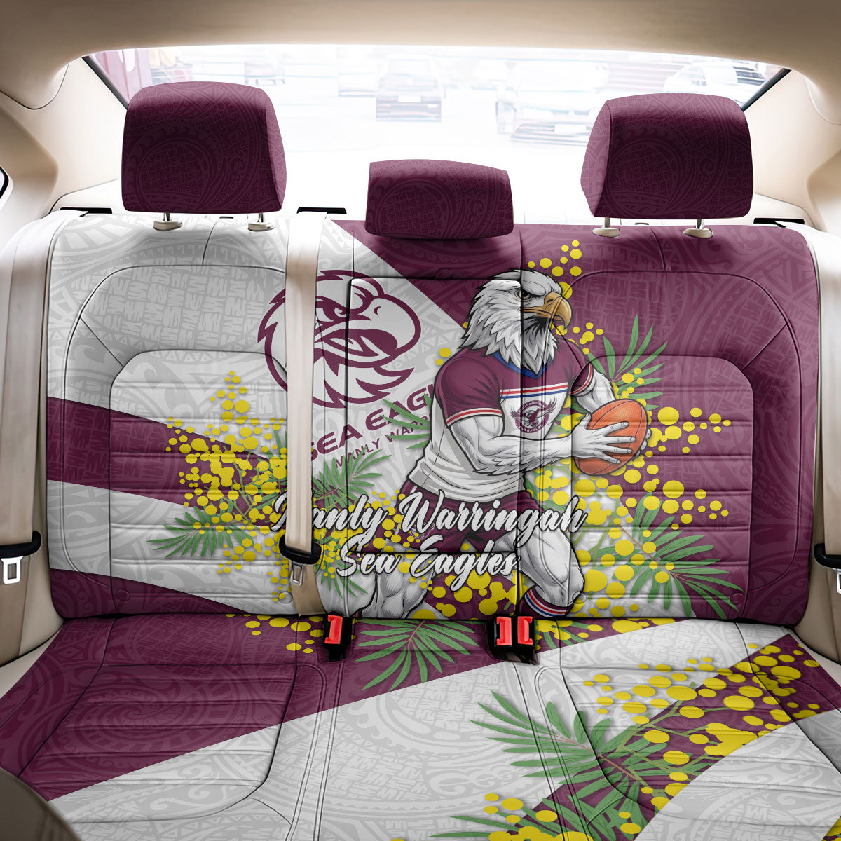 Manly Warringah Sea Eagles Back Car Seat Cover Golden Wattle Floral Polynesian - Australian Flower - Rugby Mascot