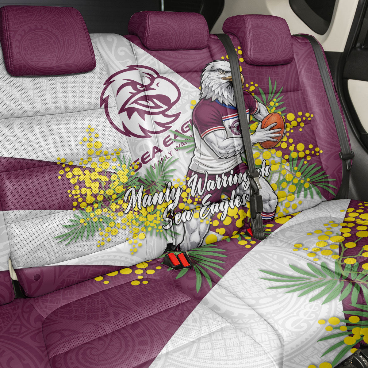 Manly Warringah Sea Eagles Back Car Seat Cover Golden Wattle Floral Polynesian - Australian Flower - Rugby Mascot