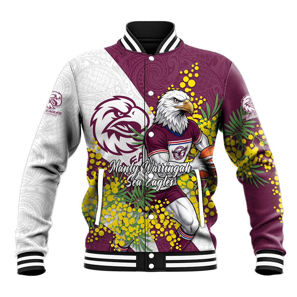Manly Warringah Sea Eagles Baseball Jacket Golden Wattle Floral Polynesian - Australian Flower - Rugby Mascot