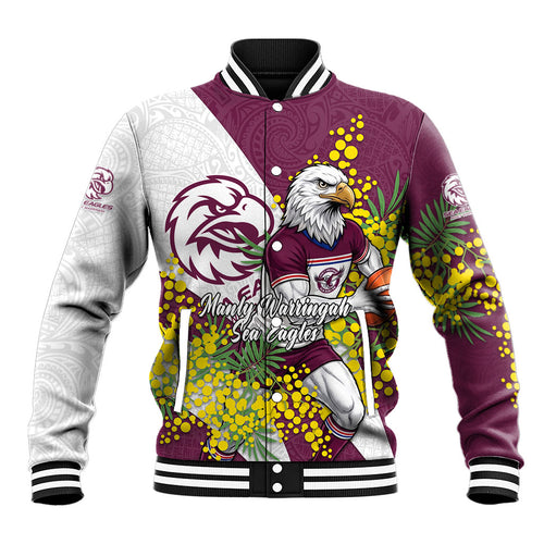 Manly Warringah Sea Eagles Baseball Jacket Golden Wattle Floral Polynesian - Australian Flower - Rugby Mascot